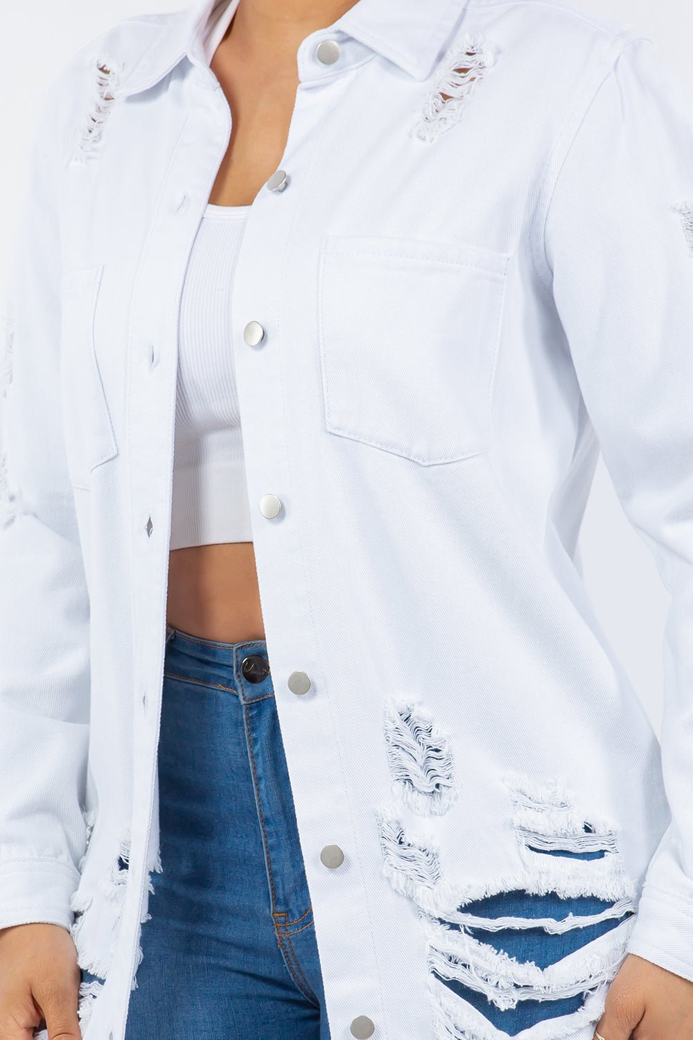 American Bazi Distressed Button Up Long Sleeve Denim Jacket - Denim Jacket - White - Bella Bourget