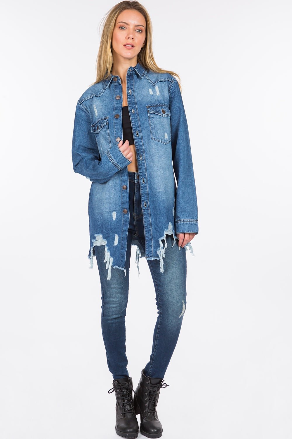 American Bazi Distressed Frayed Hem Denim Jacket - Denim Jacket - Blue - Bella Bourget