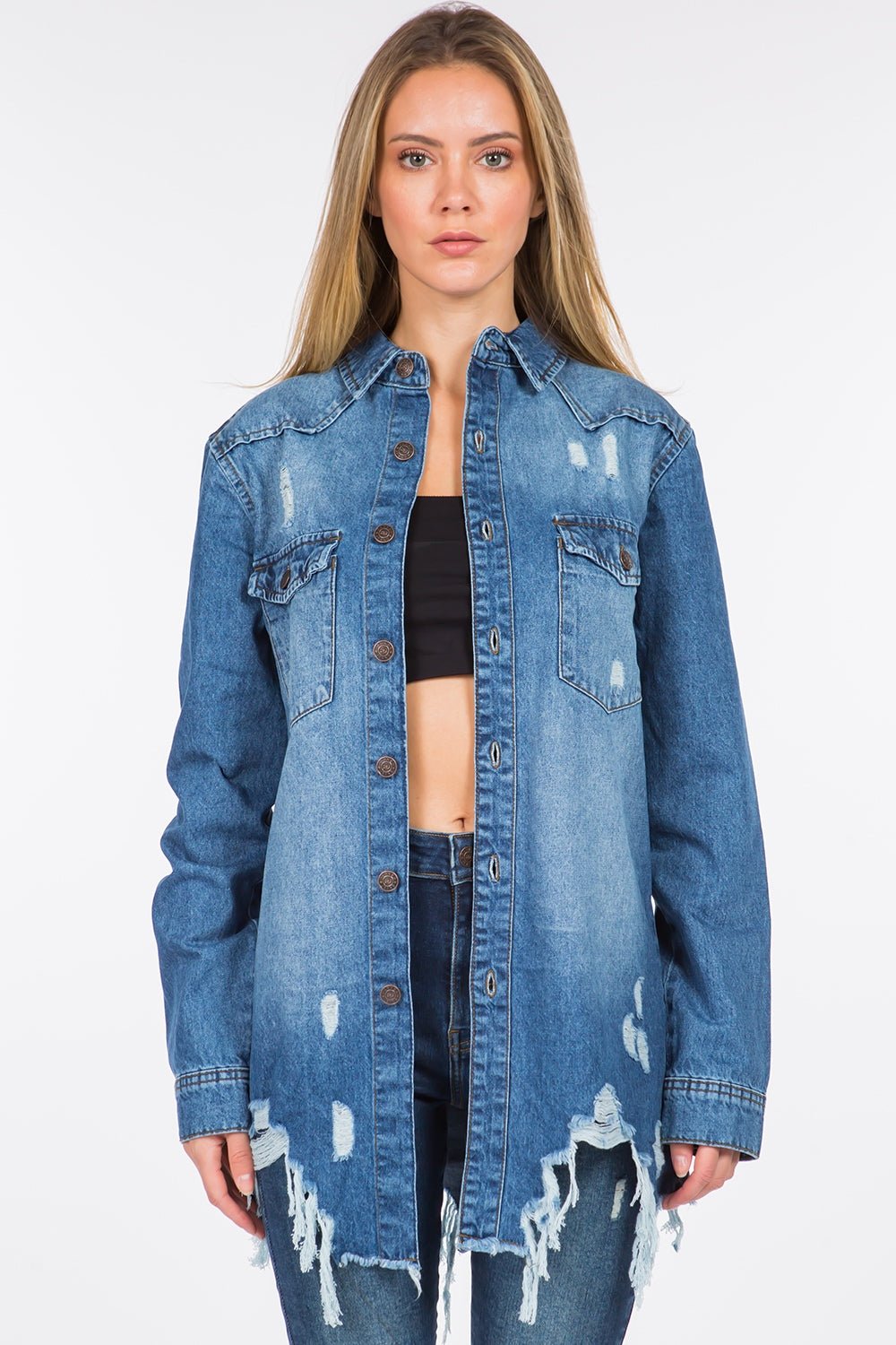 American Bazi Distressed Frayed Hem Denim Jacket - Denim Jacket - Blue - Bella Bourget