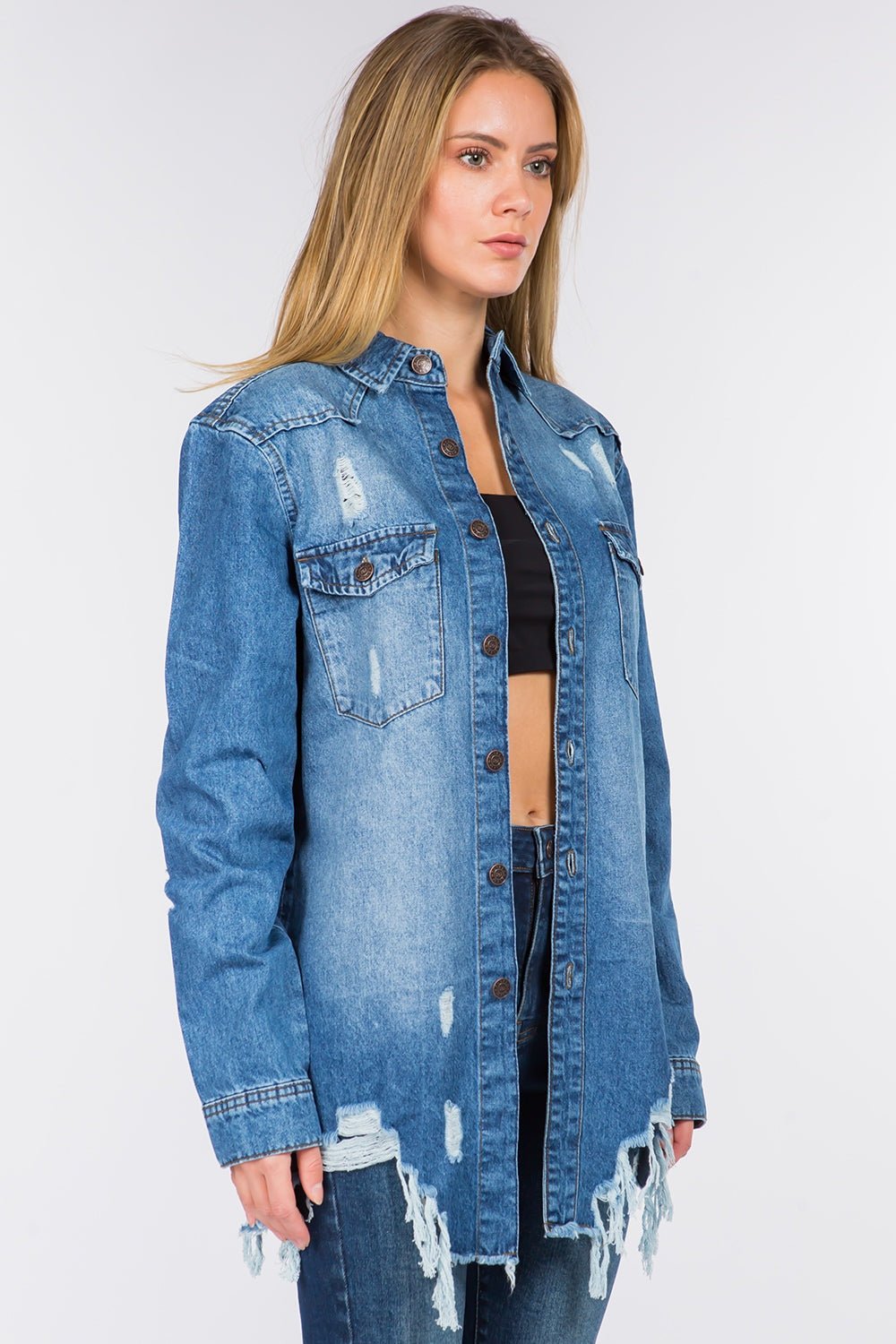 American Bazi Distressed Frayed Hem Denim Jacket - Denim Jacket - Blue - Bella Bourget