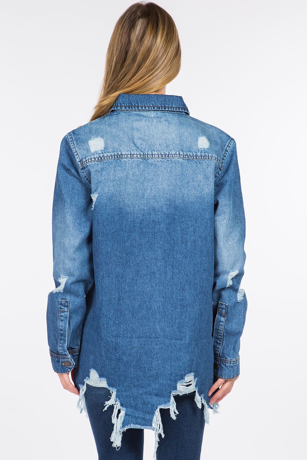 American Bazi Distressed Frayed Hem Denim Jacket - Denim Jacket - Blue - Bella Bourget