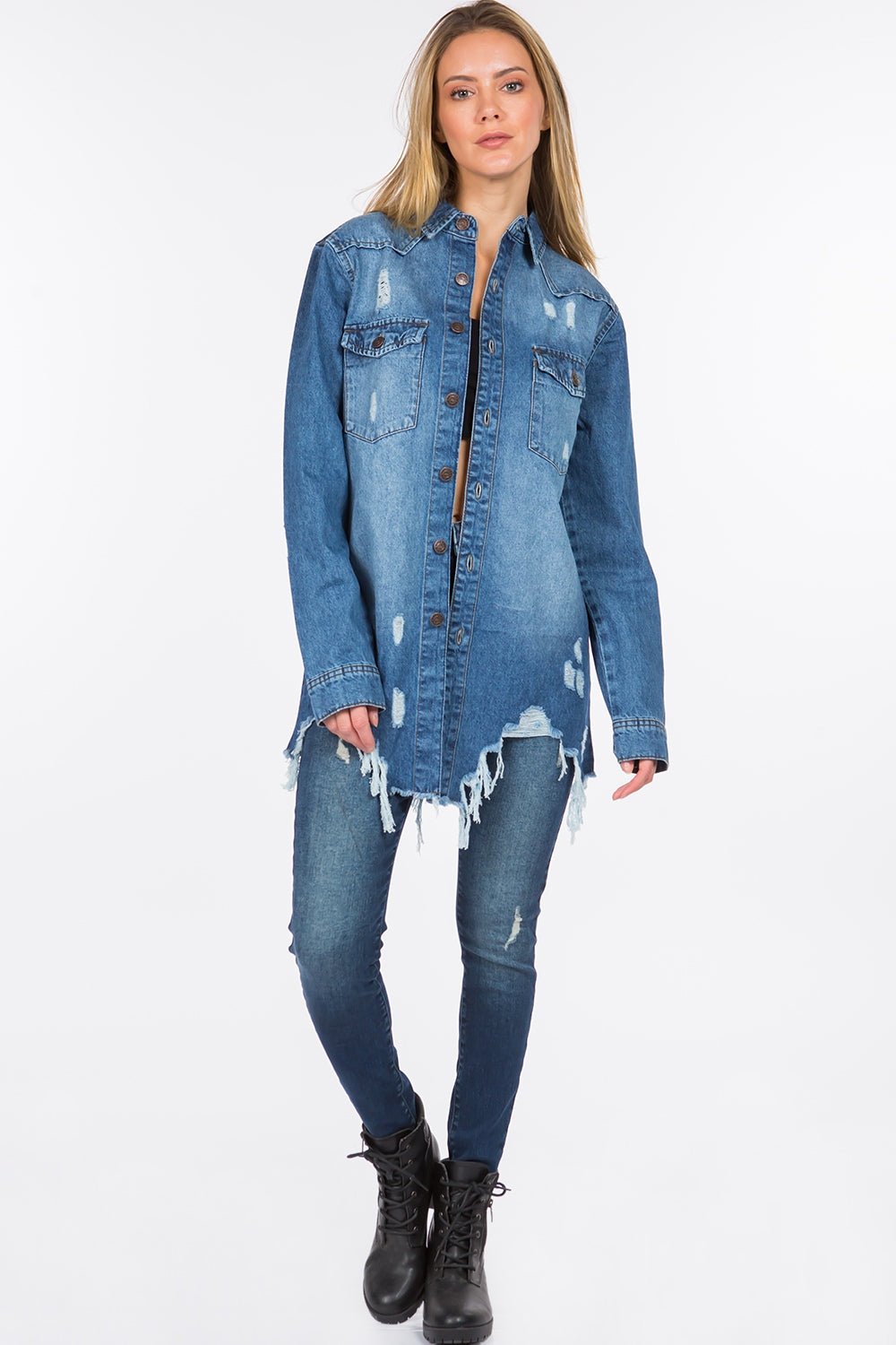 American Bazi Distressed Frayed Hem Denim Jacket - Denim Jacket - Blue - Bella Bourget