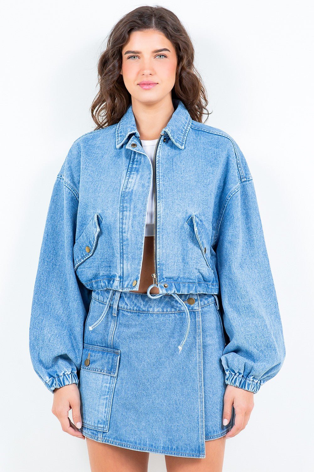 American Bazi Drawstring Waist Crop Denim Jacket - Denim Jacket - Blue - Bella Bourget