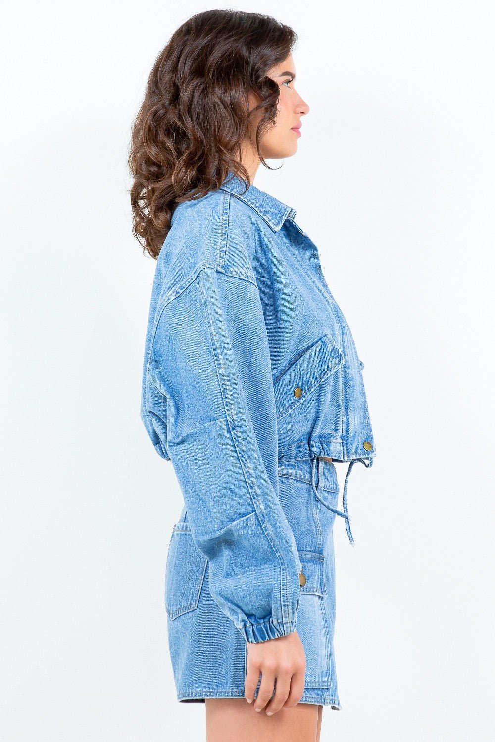 American Bazi Drawstring Waist Crop Denim Jacket - Denim Jacket - Blue - Bella Bourget