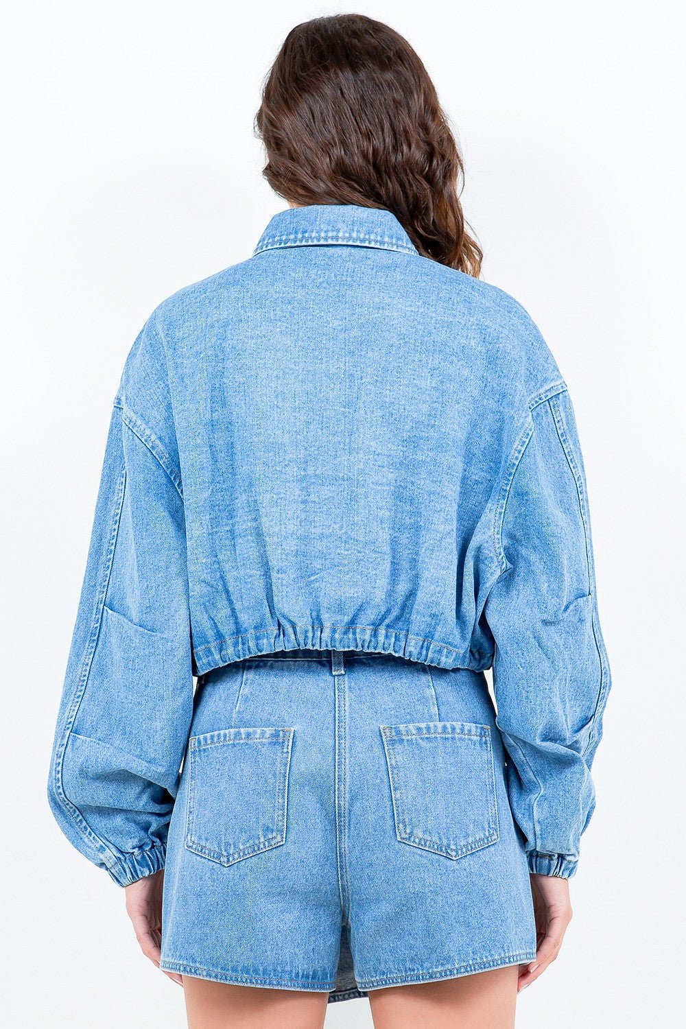 American Bazi Drawstring Waist Crop Denim Jacket - Denim Jacket - Blue - Bella Bourget