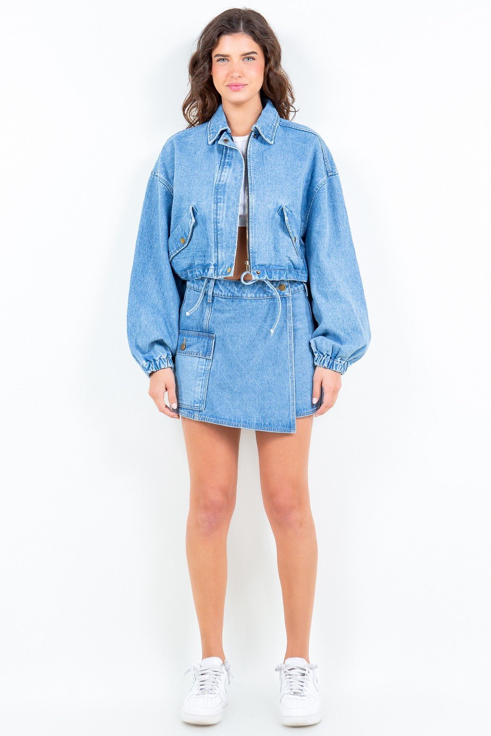 American Bazi Drawstring Waist Crop Denim Jacket - Denim Jacket - Blue - Bella Bourget