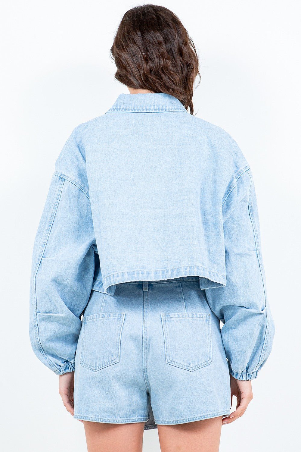 American Bazi Drawstring Waist Crop Denim Jacket - Jacket - LT Blue - Bella Bourget