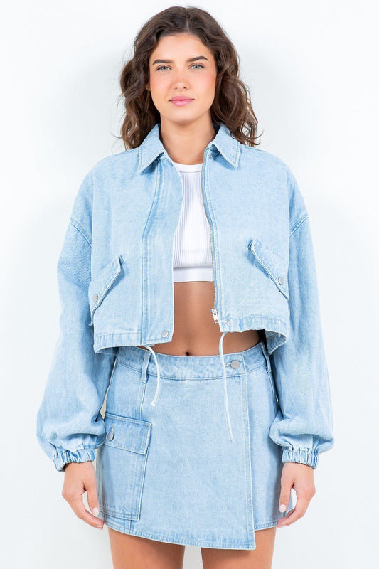 American Bazi Drawstring Waist Crop Denim Jacket - Jacket - LT Blue - Bella Bourget