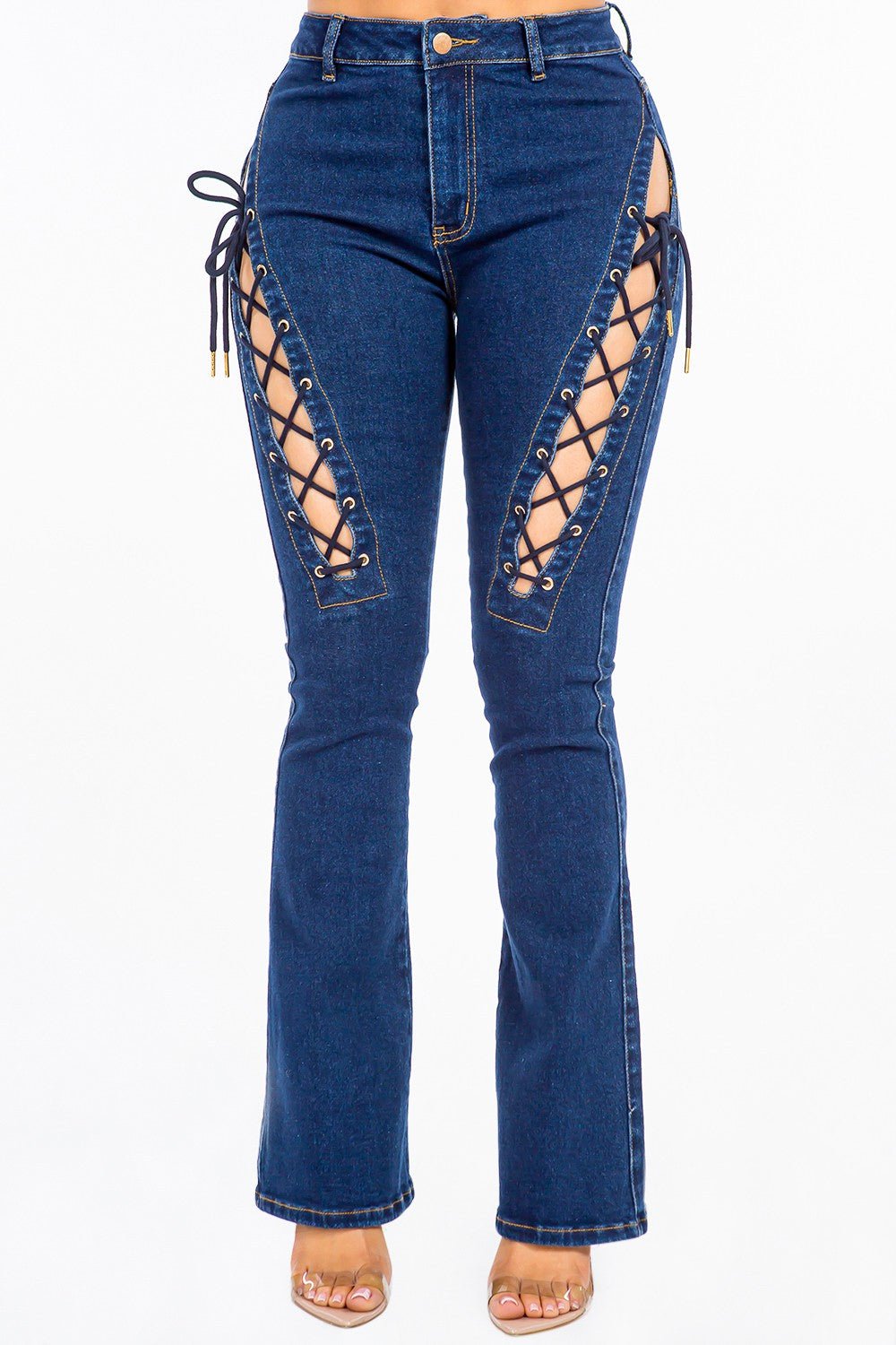 American Bazi High Rise Lace Up Jeans - Jeans - DK Blue - Bella Bourget