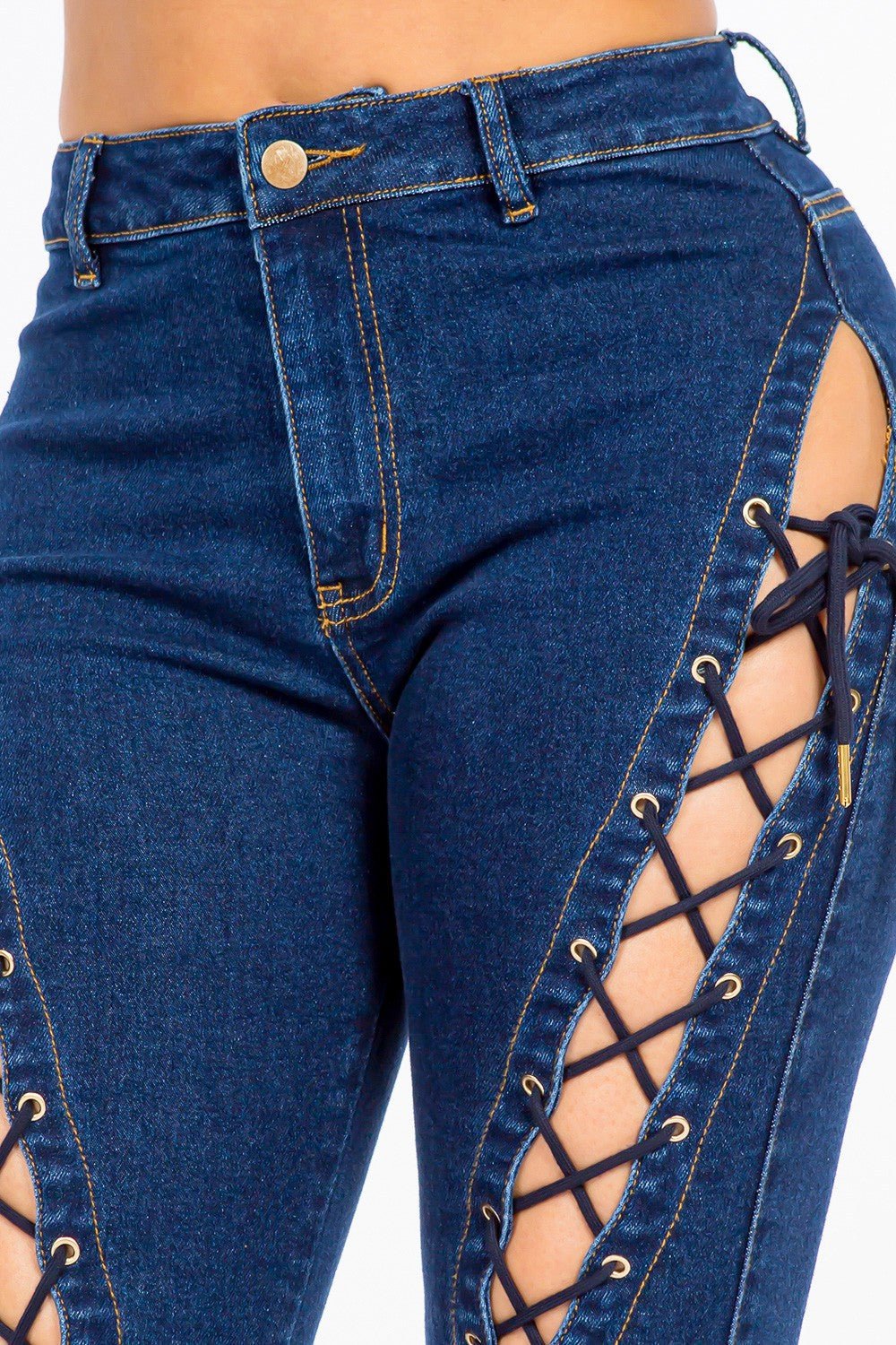 American Bazi High Rise Lace Up Jeans - Jeans - DK Blue - Bella Bourget