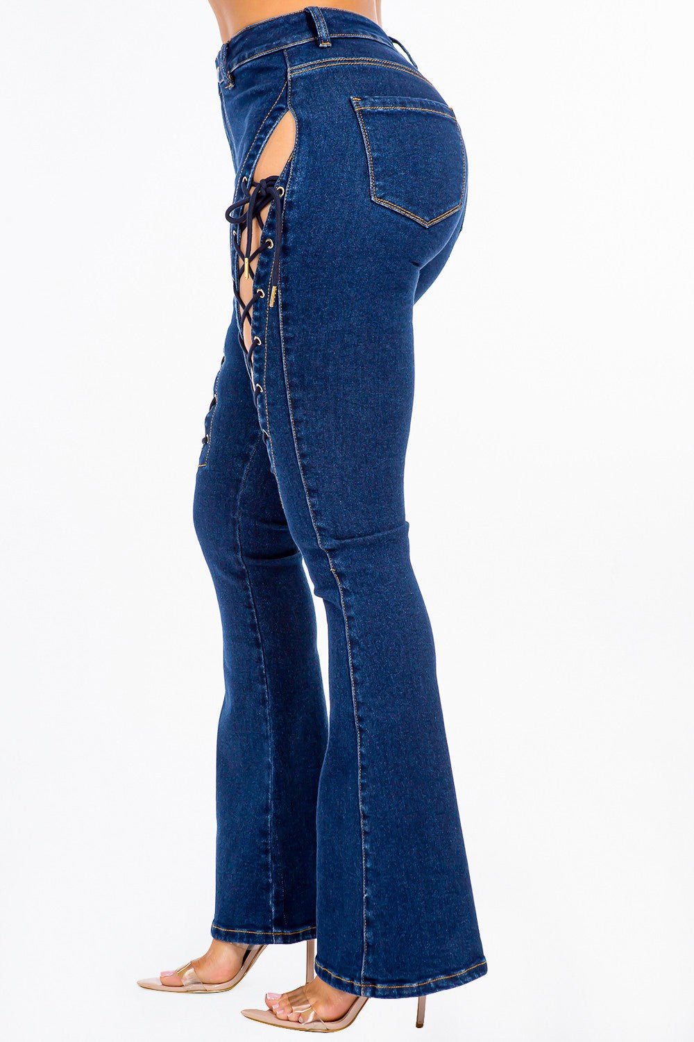 American Bazi High Rise Lace Up Jeans - Jeans - DK Blue - Bella Bourget