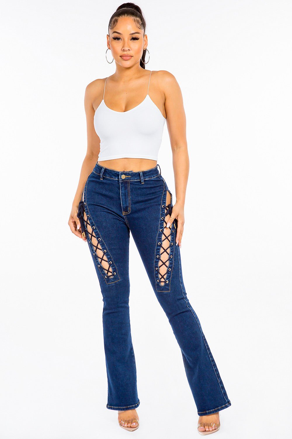 American Bazi High Rise Lace Up Jeans - Jeans - DK Blue - Bella Bourget