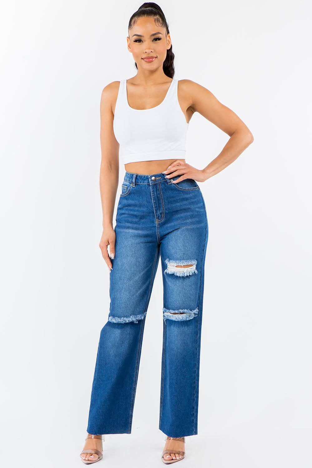 American Bazi High Waist Distressed Wide Leg Jeans - Jeans - Blue - Bella Bourget