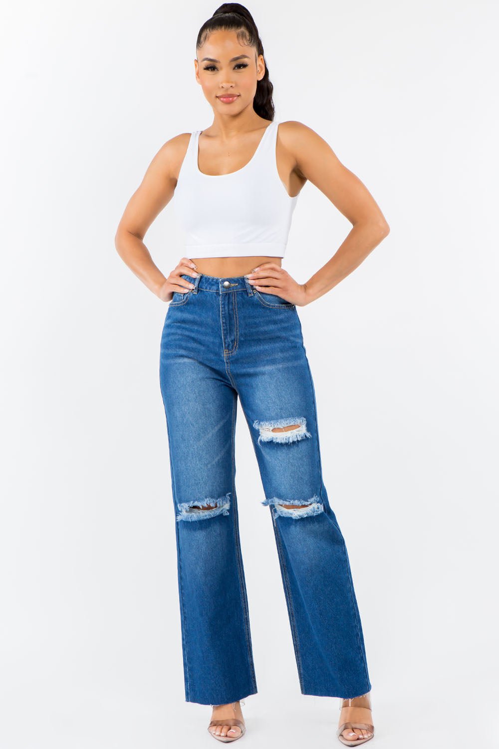 American Bazi High Waist Distressed Wide Leg Jeans - Jeans - Blue - Bella Bourget