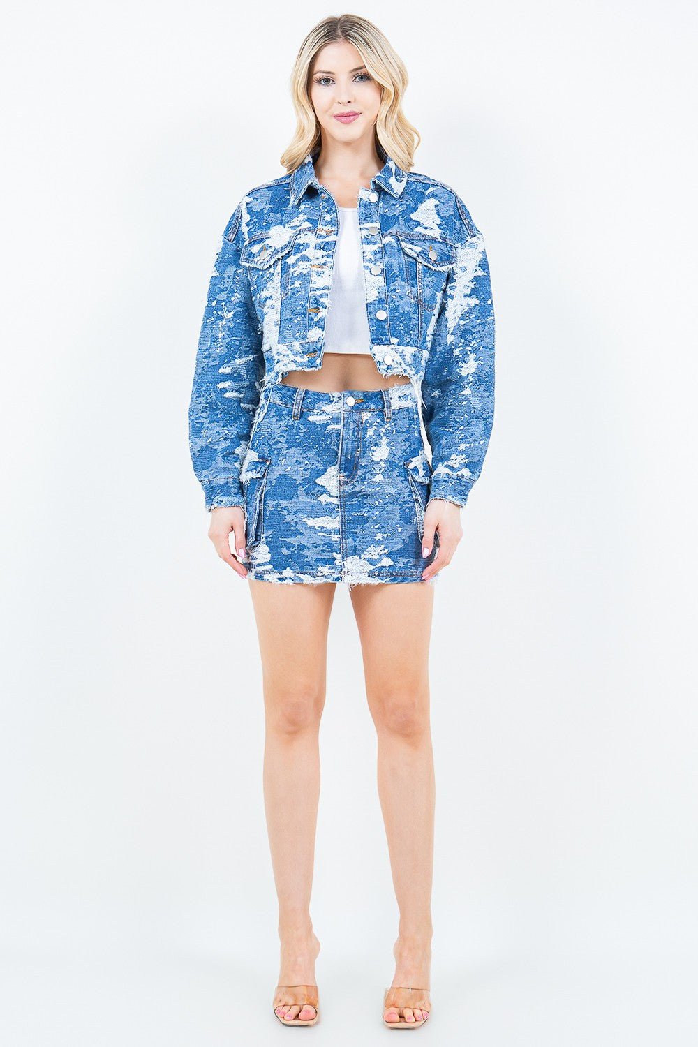 American Bazi Jacquard Trim Cropped Denim Jacket - Denim Jacket - Blue Combo - Bella Bourget