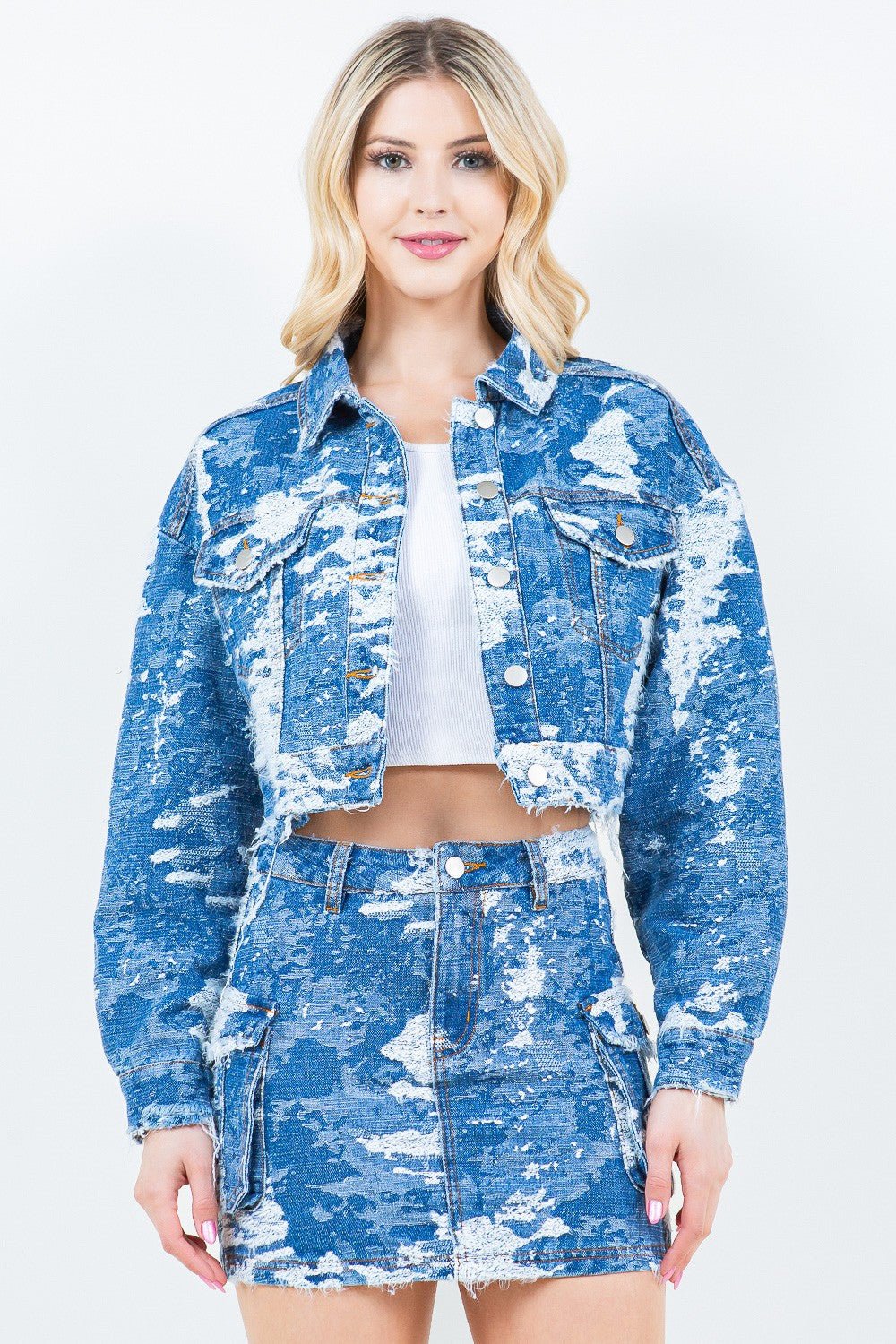 American Bazi Jacquard Trim Cropped Denim Jacket - Denim Jacket - Blue Combo - Bella Bourget