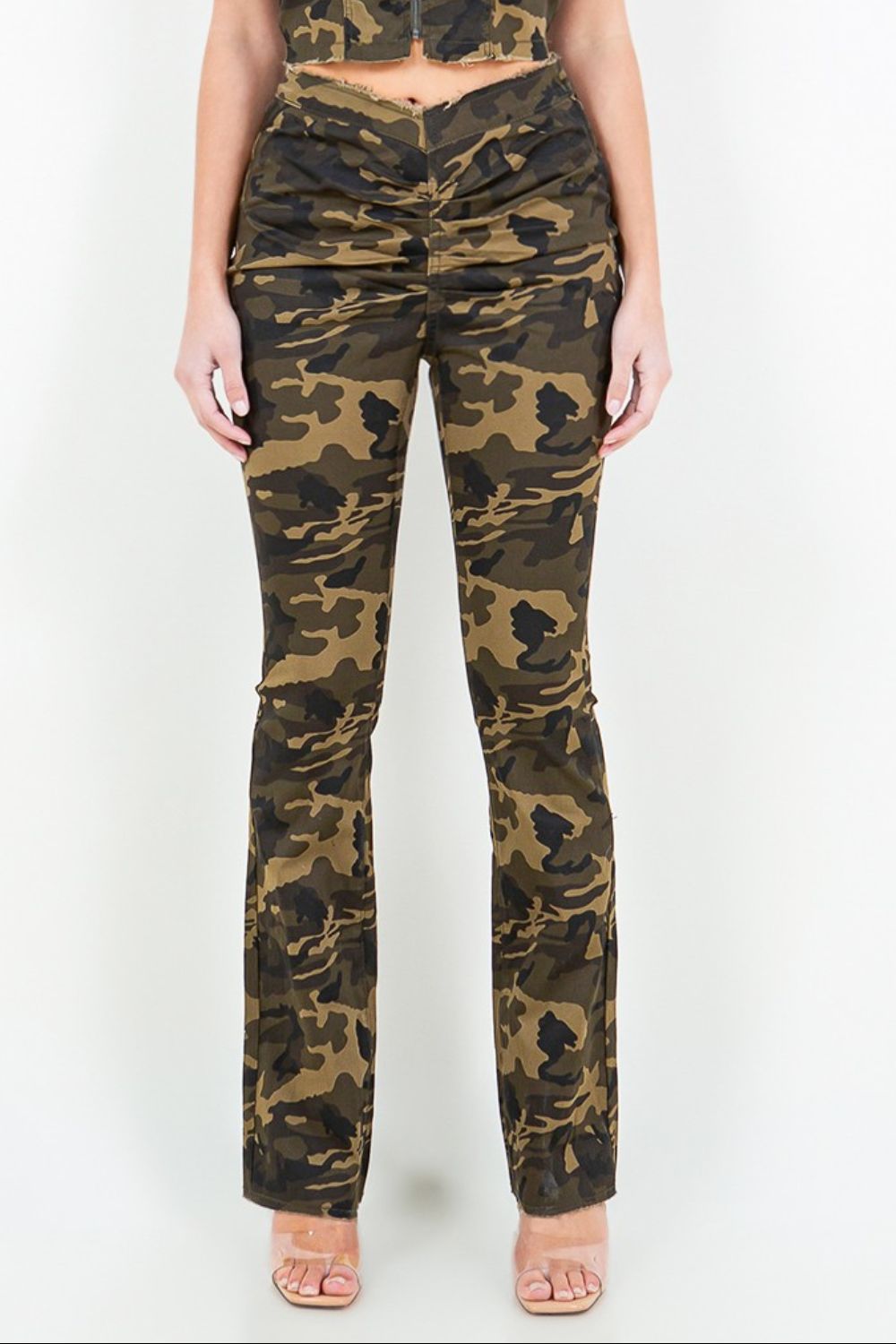 American Bazi V - Cut Ruched Camo Flare Pants - Pants - Olive Camo - Bella Bourget