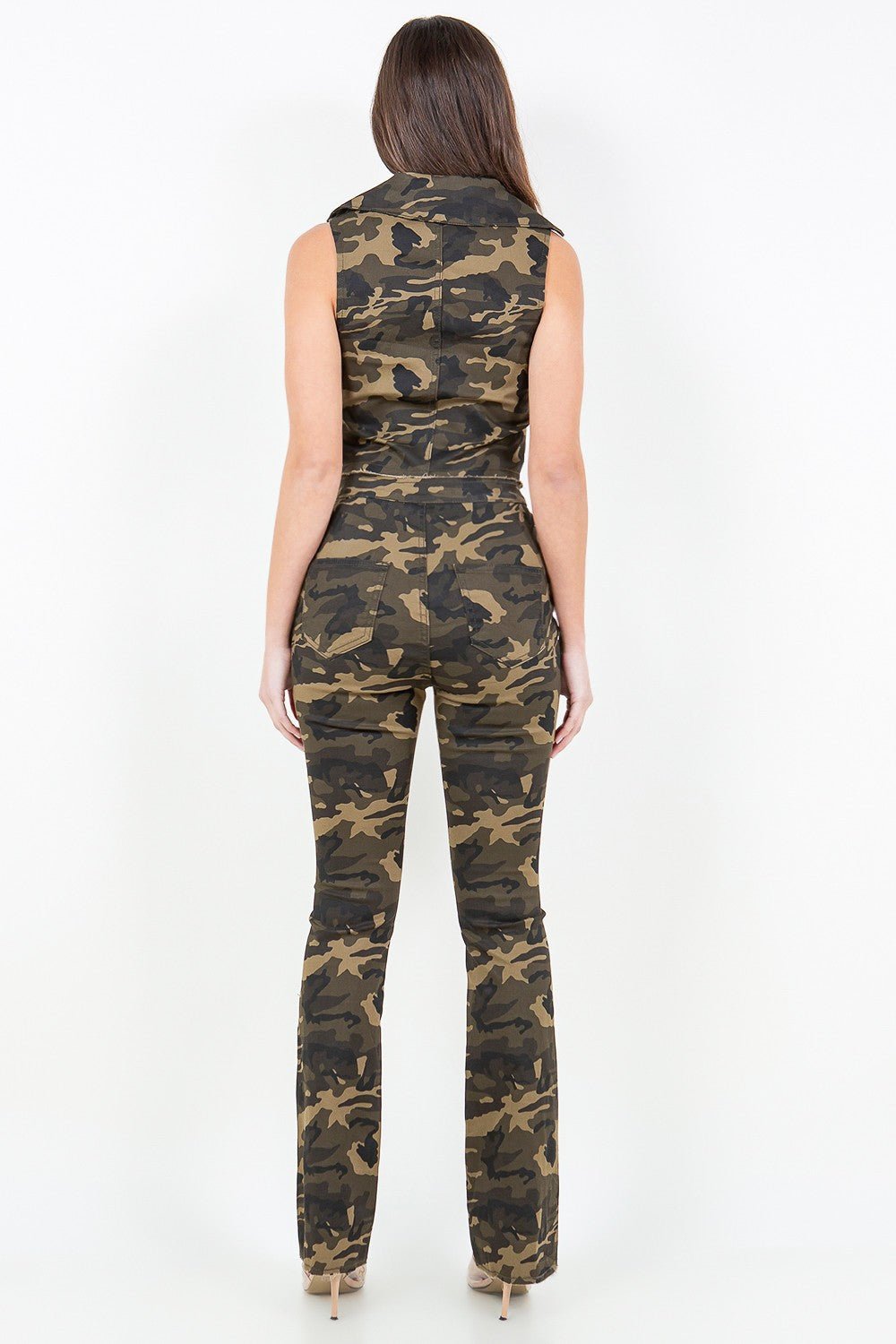 American Bazi V - Cut Ruched Camo Flare Pants - Pants - Olive Camo - Bella Bourget