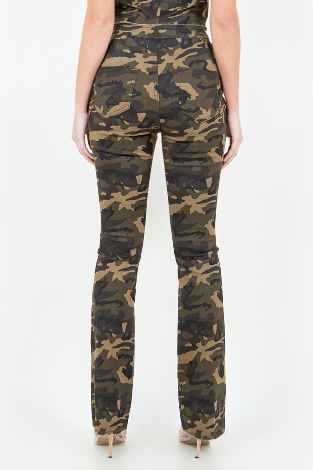 American Bazi V - Cut Ruched Camo Flare Pants - Pants - Olive Camo - Bella Bourget