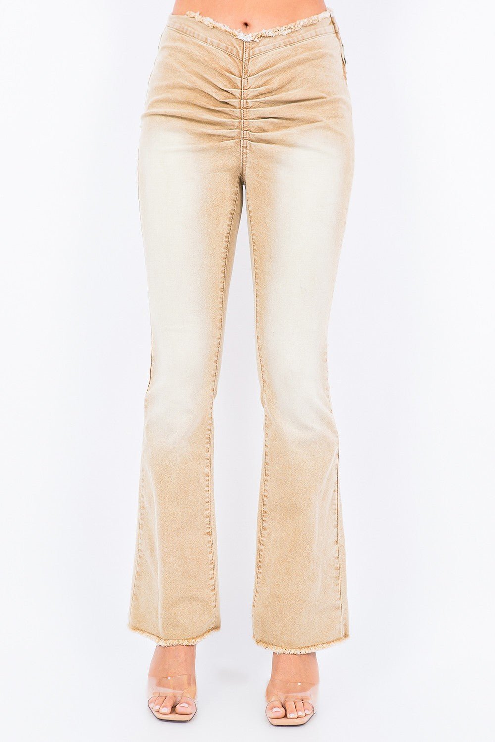 American Bazi V - Cut Ruched Flare Pants - Jeans - Tan - Bella Bourget