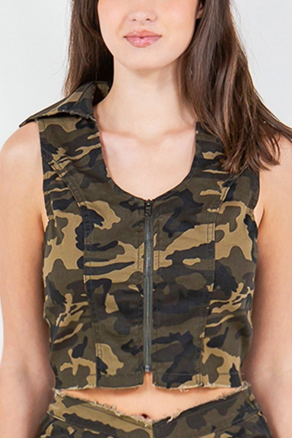 American Bazi Zip Up Camo Crop Denim Vest - Vest - Olive Camo - Bella Bourget