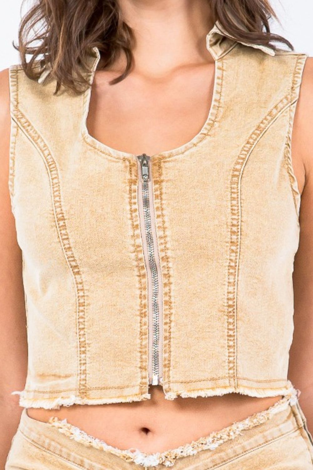 American Bazi Zip Up Washed Crop Denim Vest - Vest - Tan - Bella Bourget