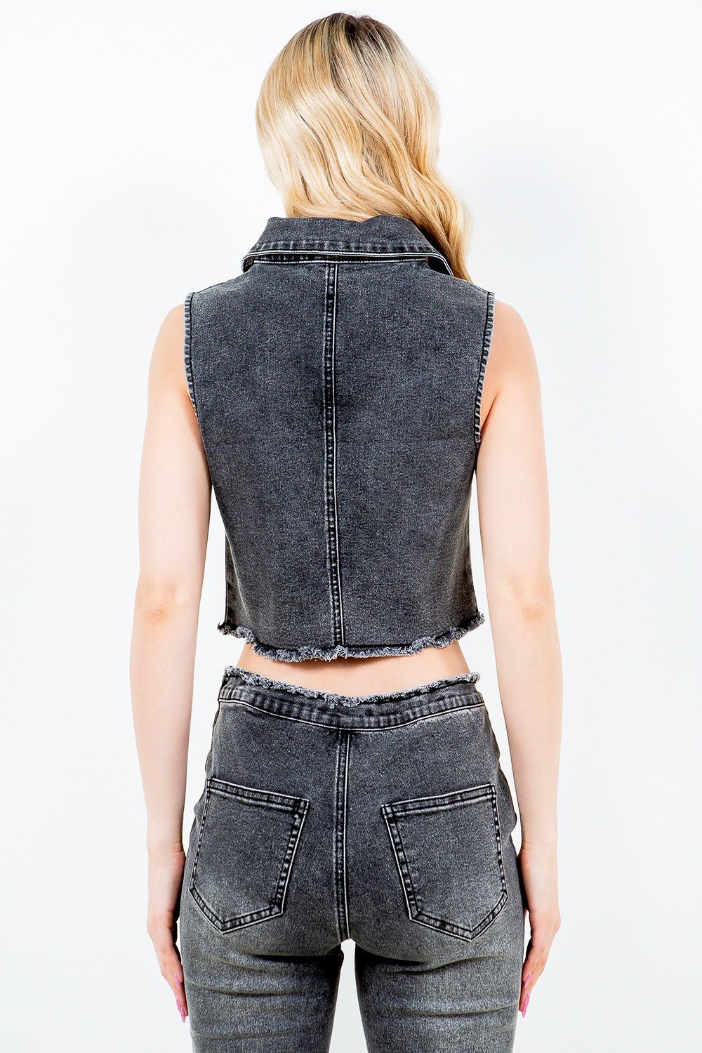 American Bazi Zip Up Washed Crop Denim Vest - Vest - Black - Bella Bourget