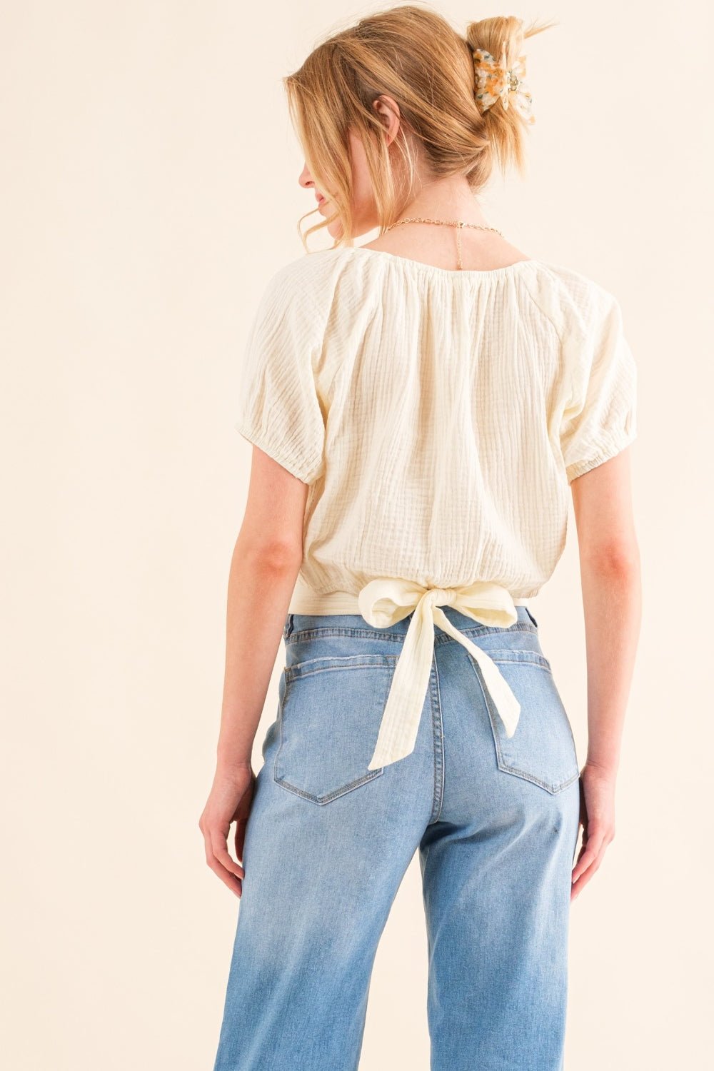 And The Why Back Waist Tie Cropped Blouse - Top - Cream - Bella Bourget