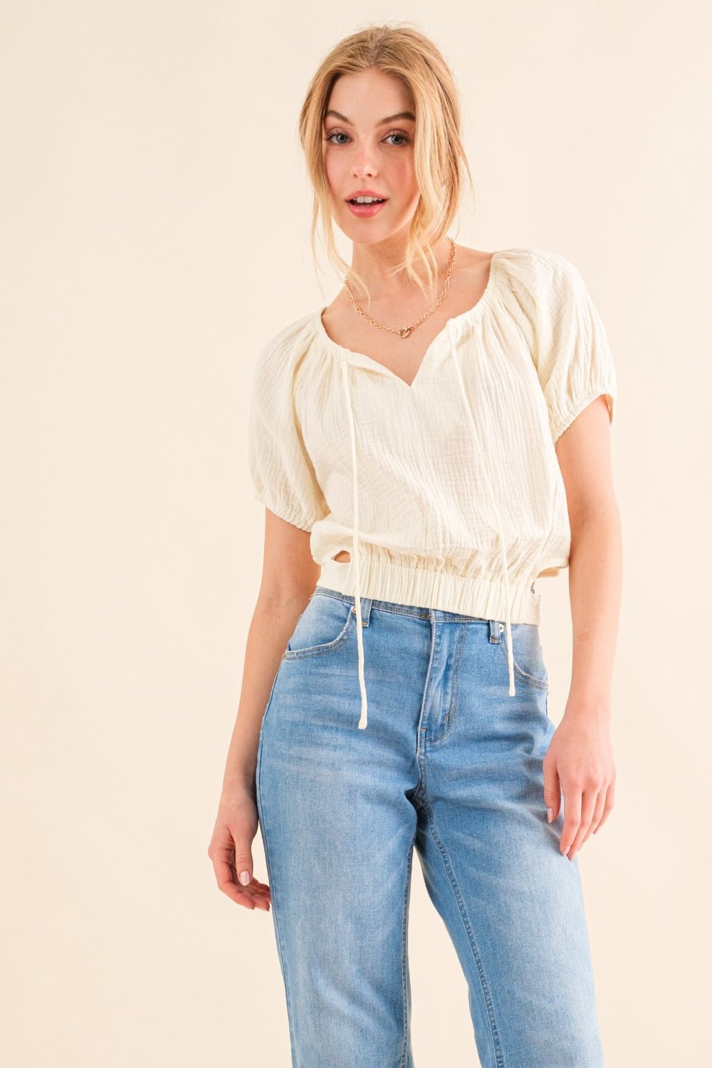 And The Why Back Waist Tie Cropped Blouse - Top - Cream - Bella Bourget