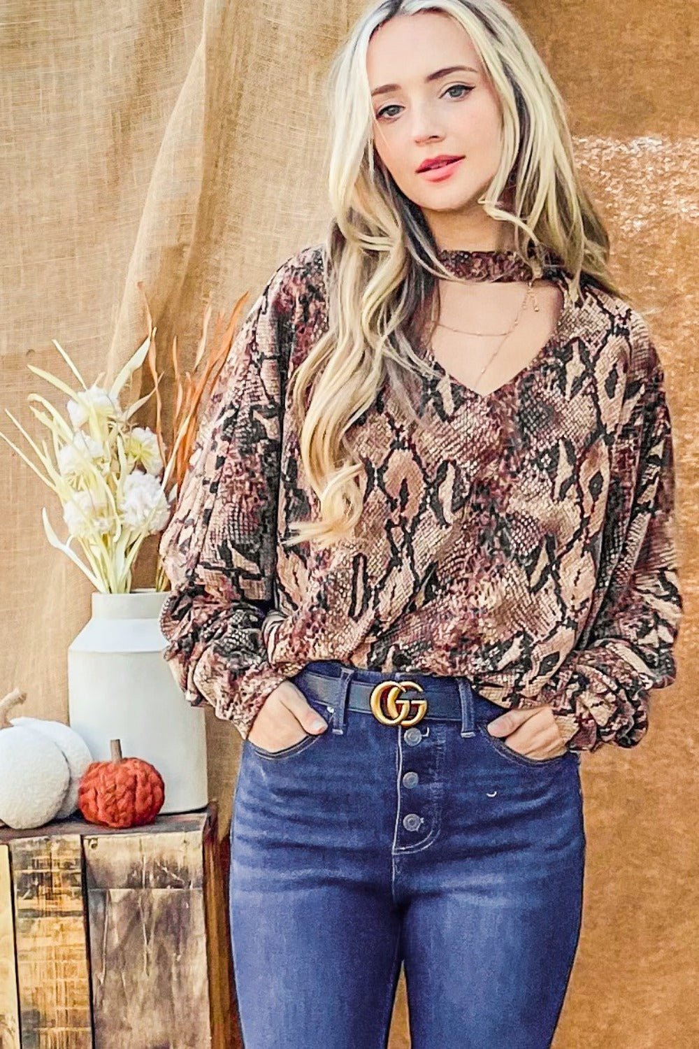 And The Why Choker Neck Dolman Sleeve Snake Print Top - Top - Animal - Bella Bourget