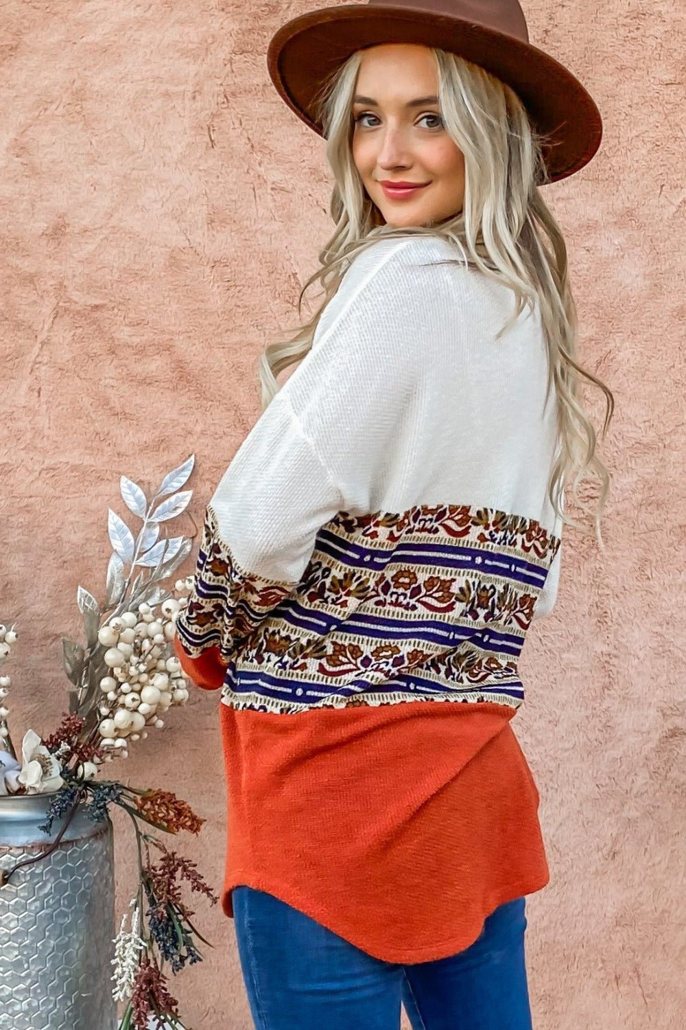 And The Why Ethnic Print Color Block Top - Top - Rust - Bella Bourget