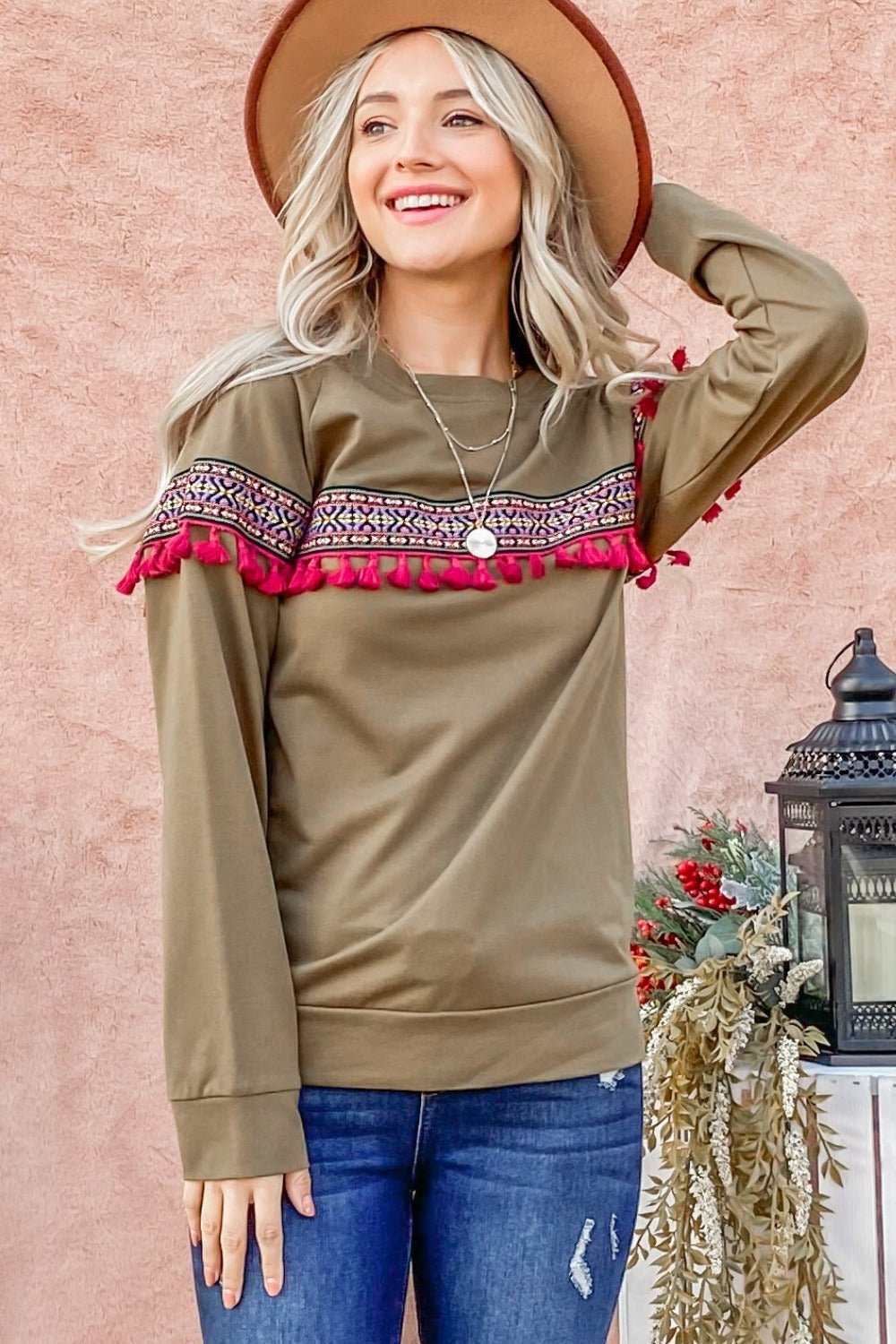 And The Why Ethnic Ribbon Tassel Trim Top - Top - Olive - Bella Bourget