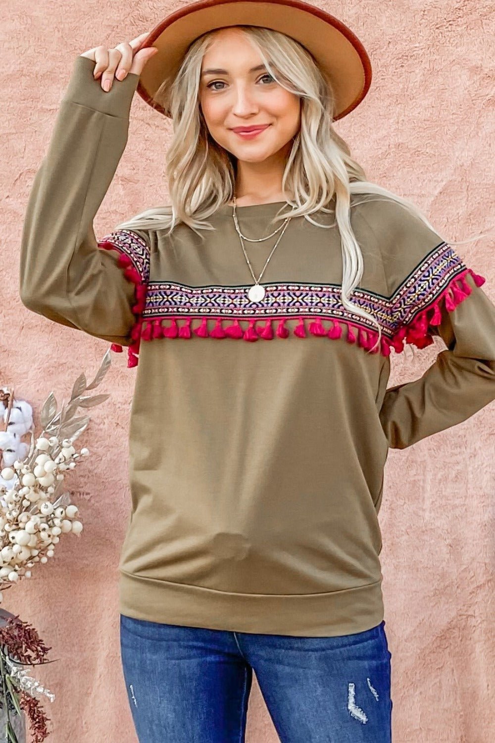 And The Why Ethnic Ribbon Tassel Trim Top - Top - Olive - Bella Bourget