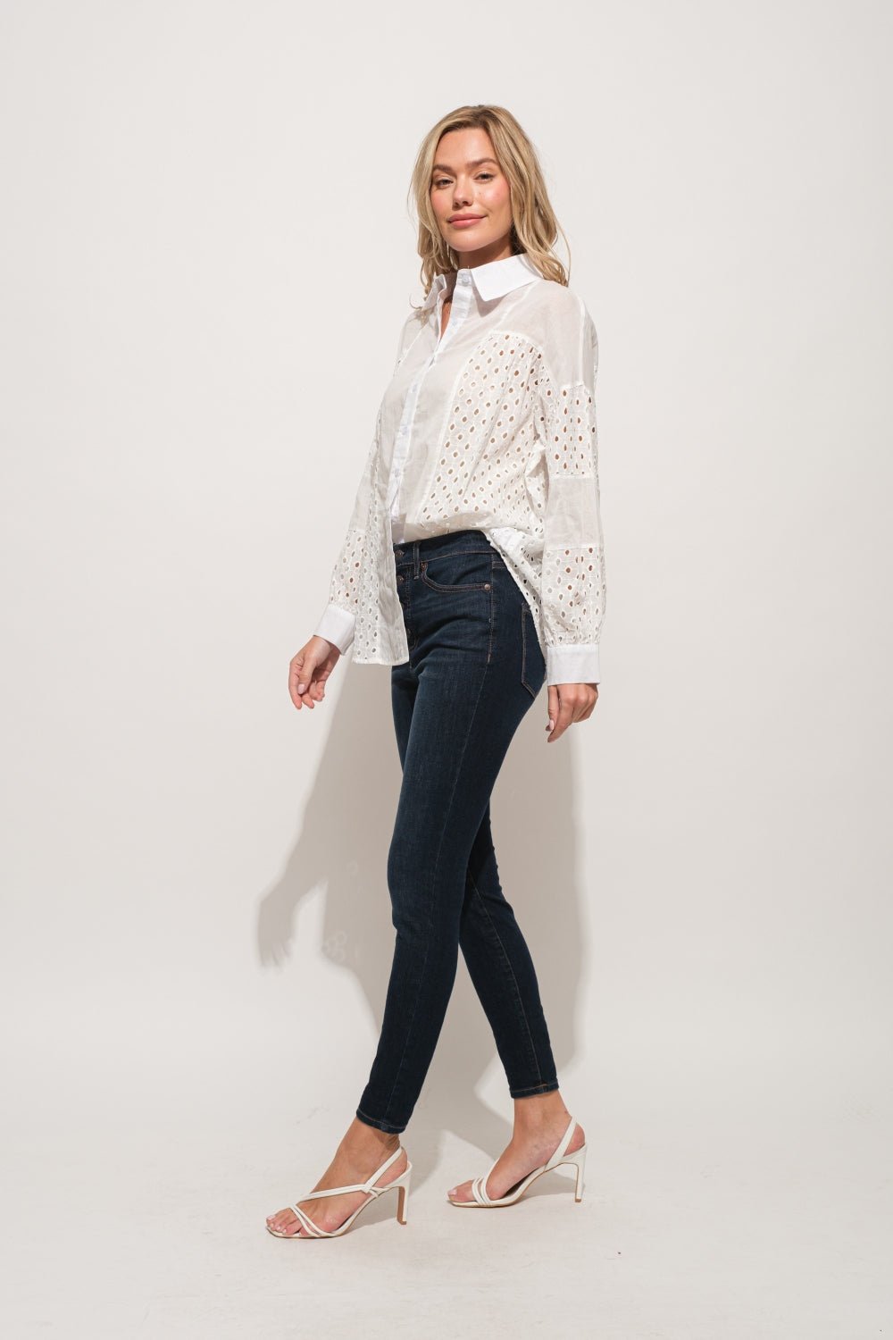 And The Why Eyelet Long Sleeve Button Down Shirt - Top - WHITE - Bella Bourget