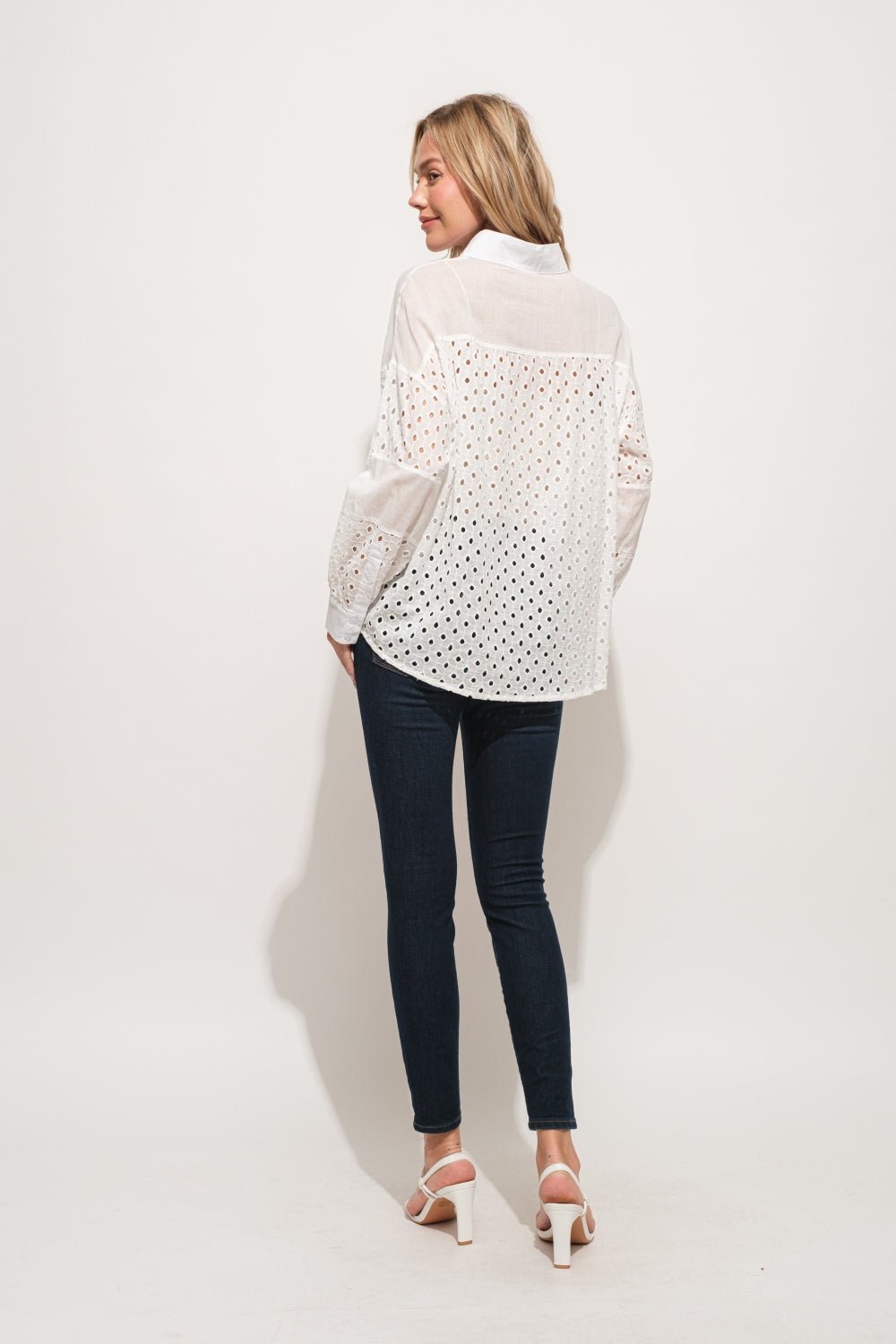 And The Why Eyelet Long Sleeve Button Down Shirt - Top - WHITE - Bella Bourget