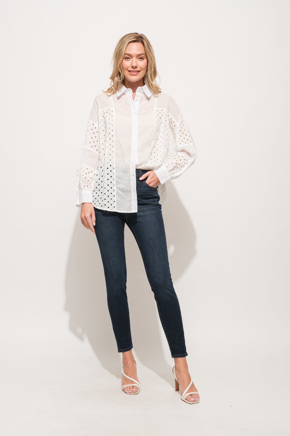 And The Why Eyelet Long Sleeve Button Down Shirt - Top - WHITE - Bella Bourget