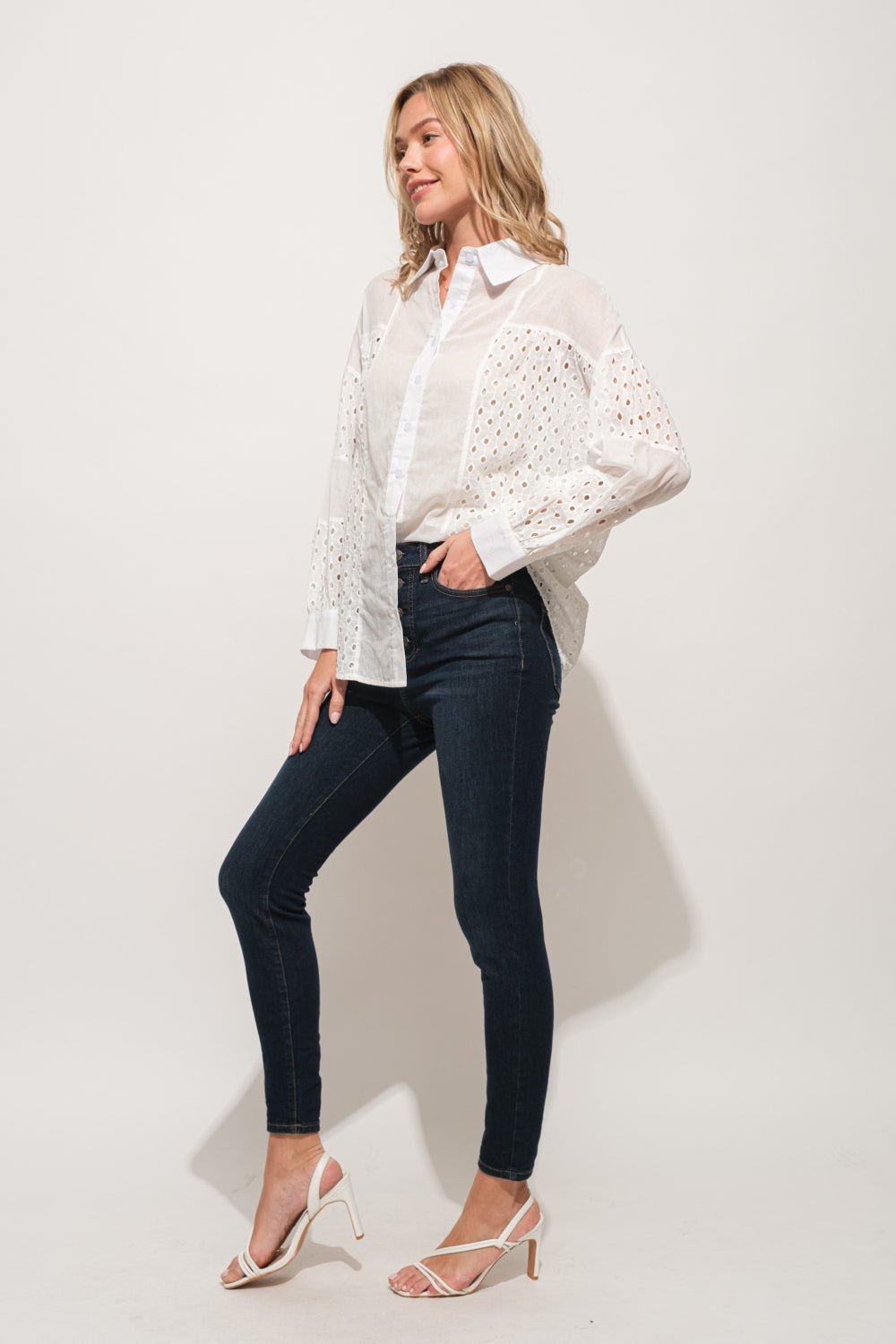 And The Why Eyelet Long Sleeve Button Down Shirt - Top - WHITE - Bella Bourget