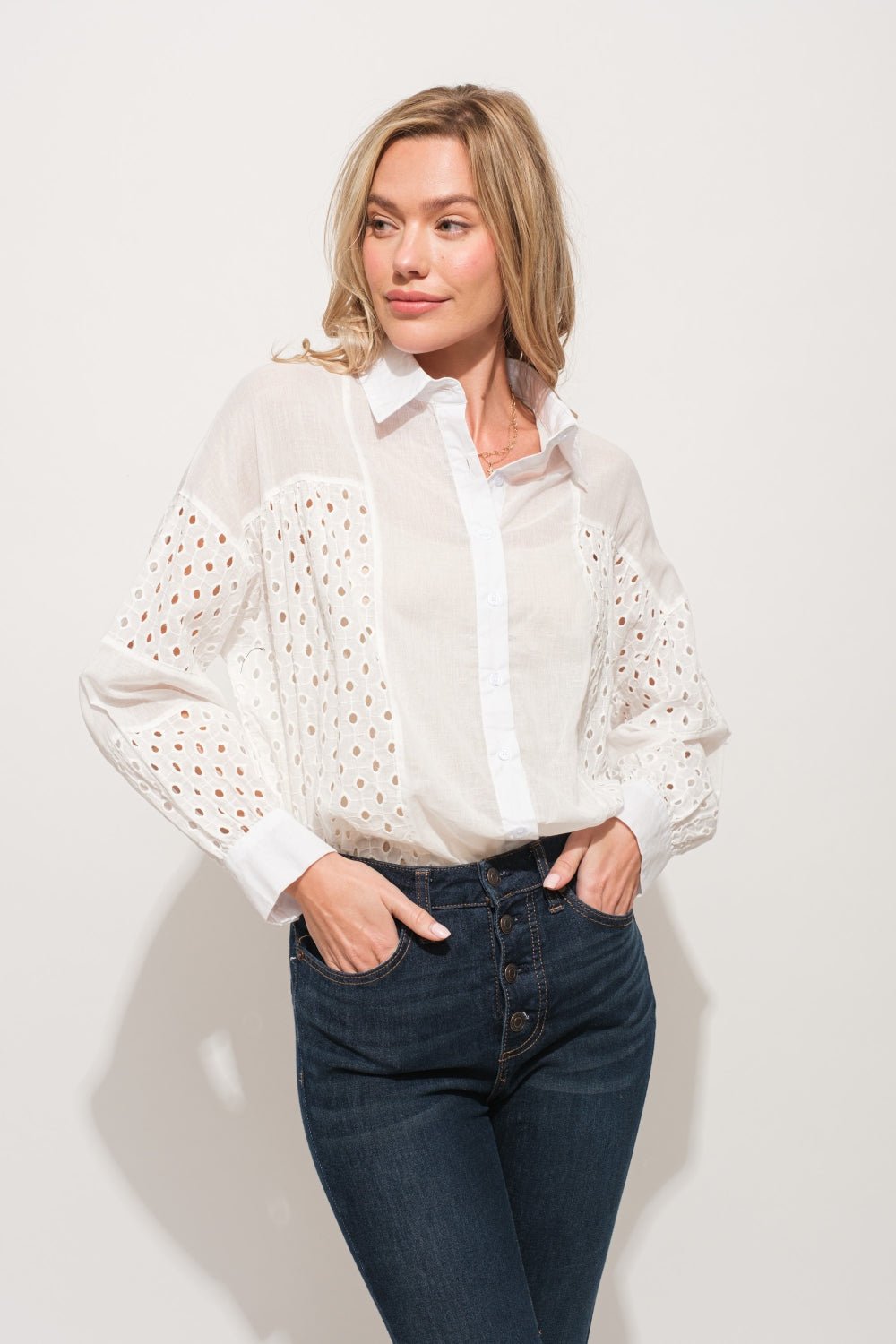 And The Why Eyelet Long Sleeve Button Down Shirt - Top - WHITE - Bella Bourget