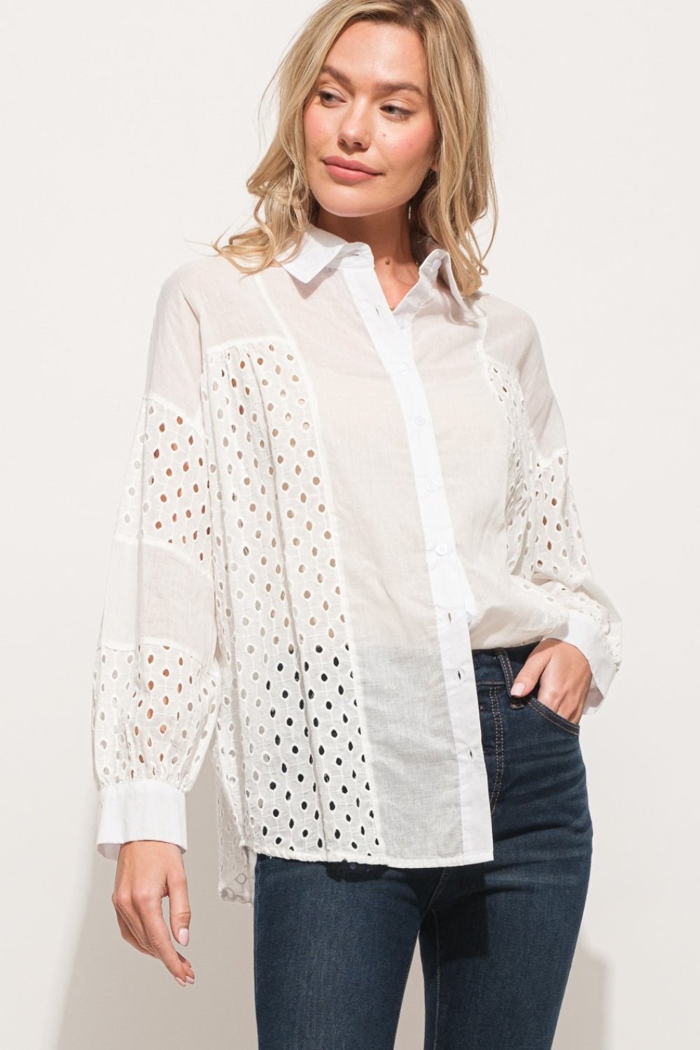 And The Why Eyelet Long Sleeve Button Down Shirt - Top - WHITE - Bella Bourget