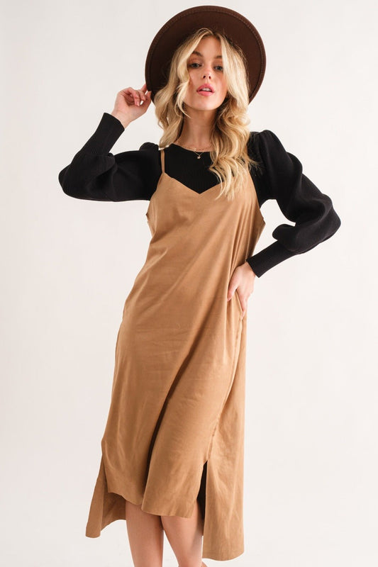 And The Why Faux Suede Cut Edge Slit Cami Midi Dress - dress - Khaki - Bella Bourget