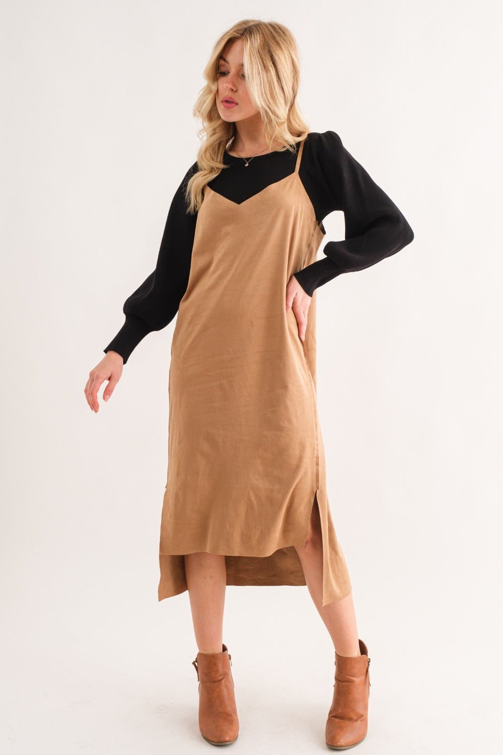 And The Why Faux Suede Cut Edge Slit Cami Midi Dress - dress - Khaki - Bella Bourget