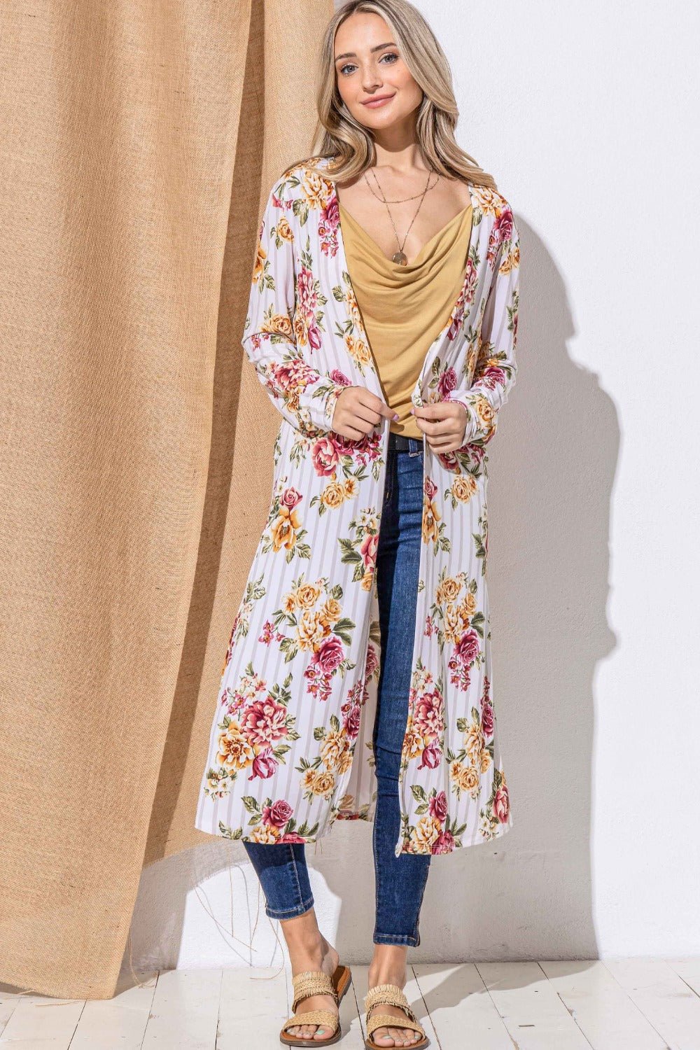 And The Why Floral Kimono Open Front Longline Cardigan - Kimono - Burgundy Stripe - Bella Bourget