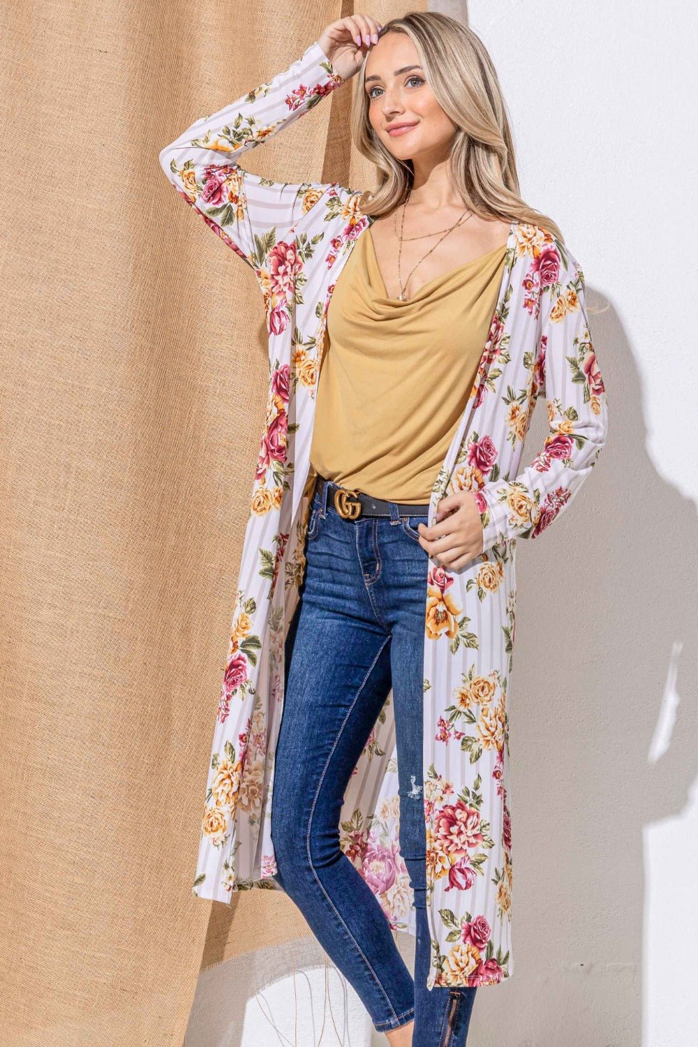 And The Why Floral Kimono Open Front Longline Cardigan - Kimono - Burgundy Stripe - Bella Bourget