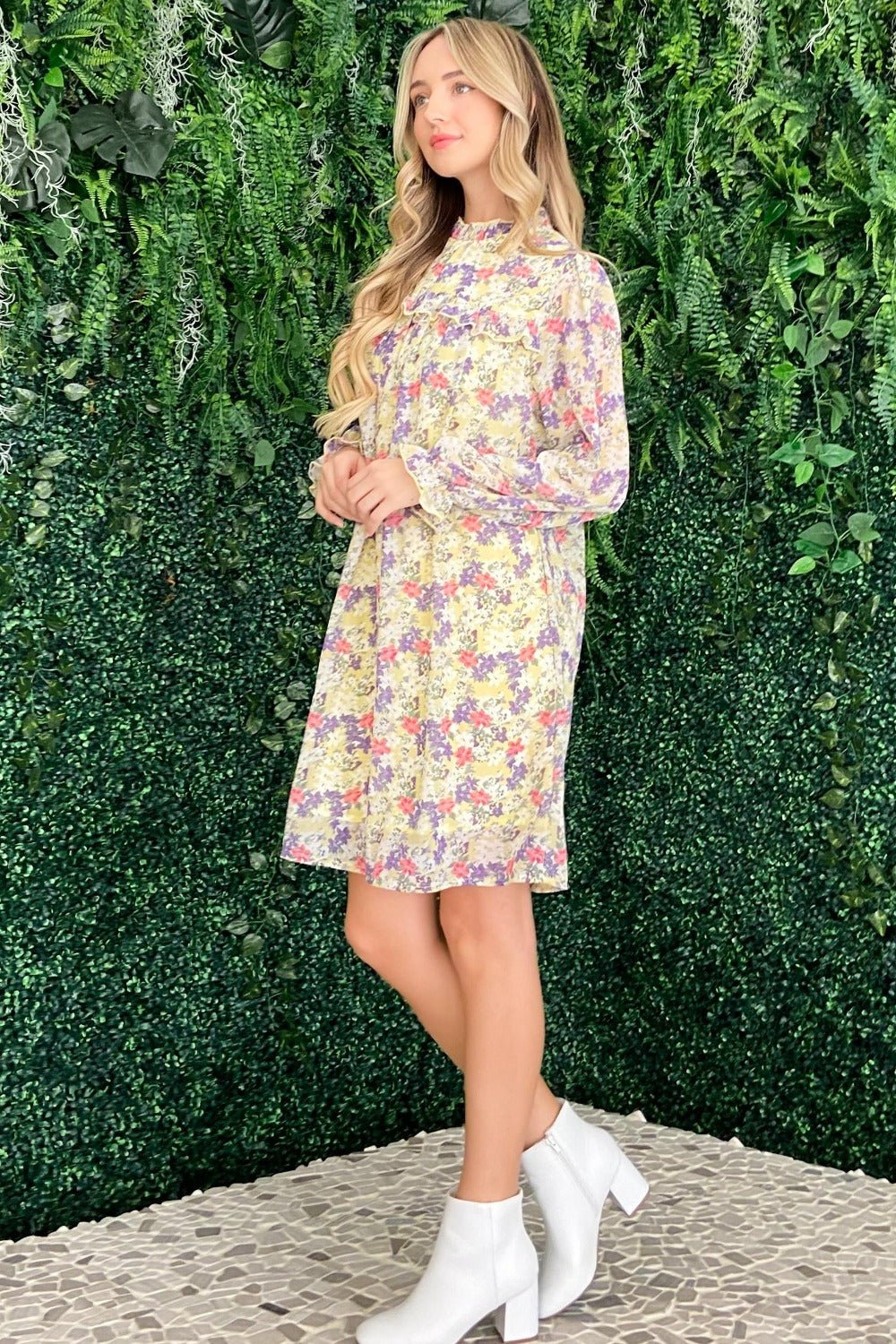 And The Why Floral Mock Neck Flounce Sleeve Dress - dress - Lemon - Bella Bourget