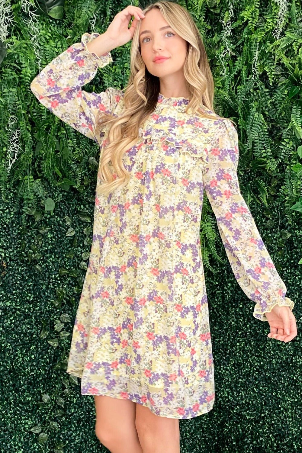 And The Why Floral Mock Neck Flounce Sleeve Dress - dress - Lemon - Bella Bourget