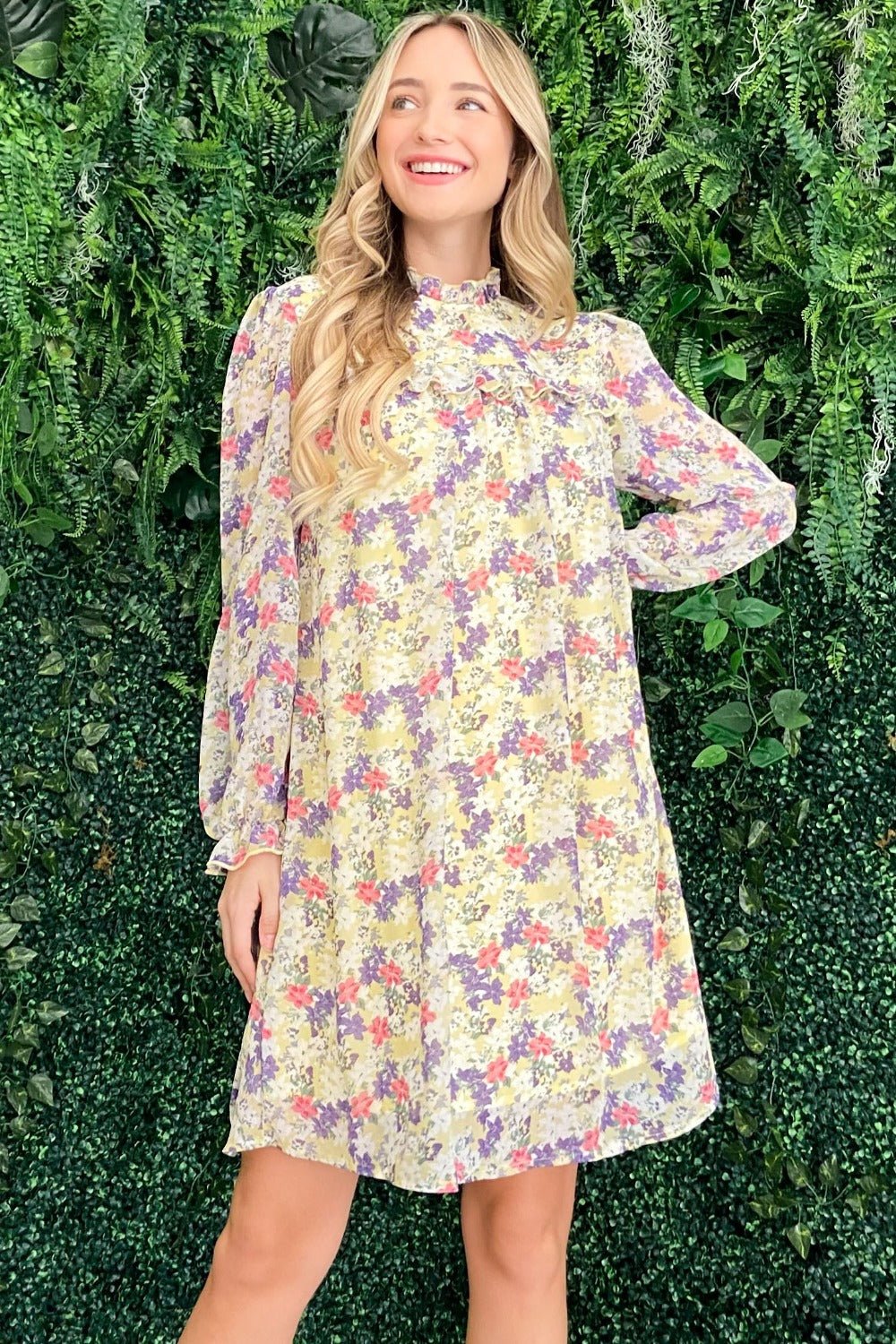 And The Why Floral Mock Neck Flounce Sleeve Dress - dress - Lemon - Bella Bourget