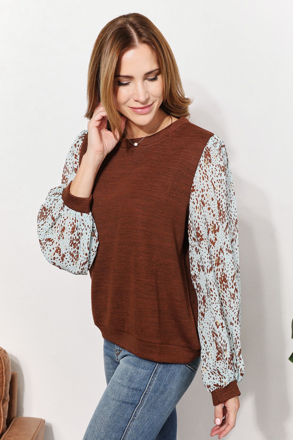 And The Why Full Size Foil Printed Sleeve Top - Top - Brown - Bella Bourget