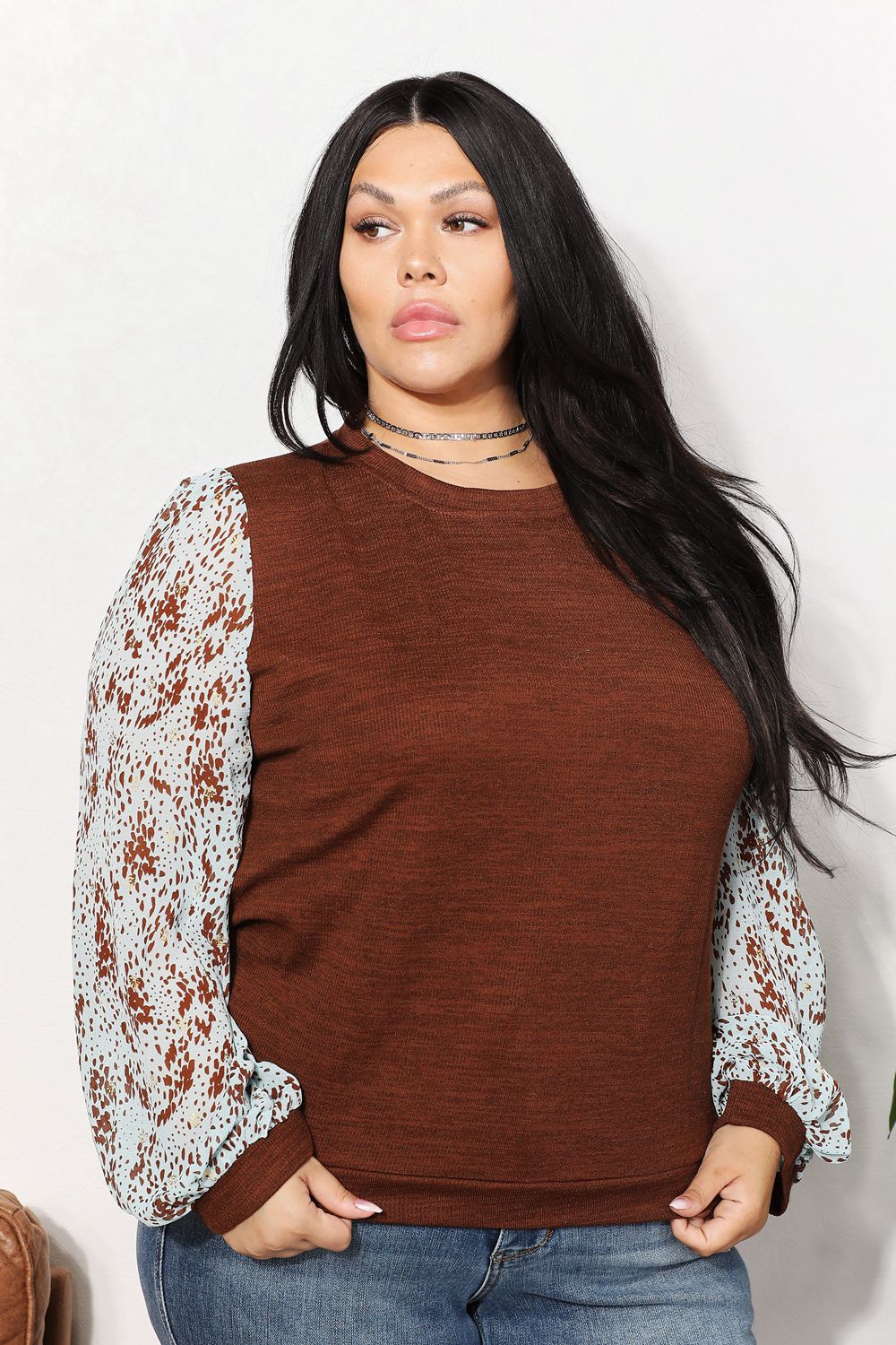 And The Why Full Size Foil Printed Sleeve Top - Top - Brown - Bella Bourget