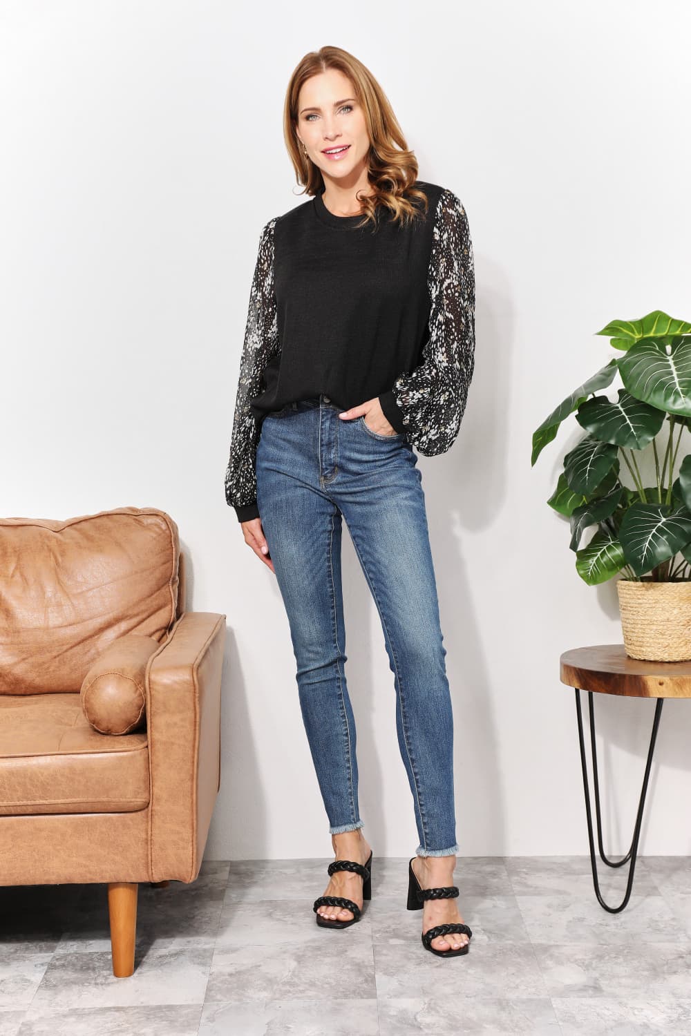 And The Why Full Size Foil Printed Sleeve Top - Top - Black - Bella Bourget