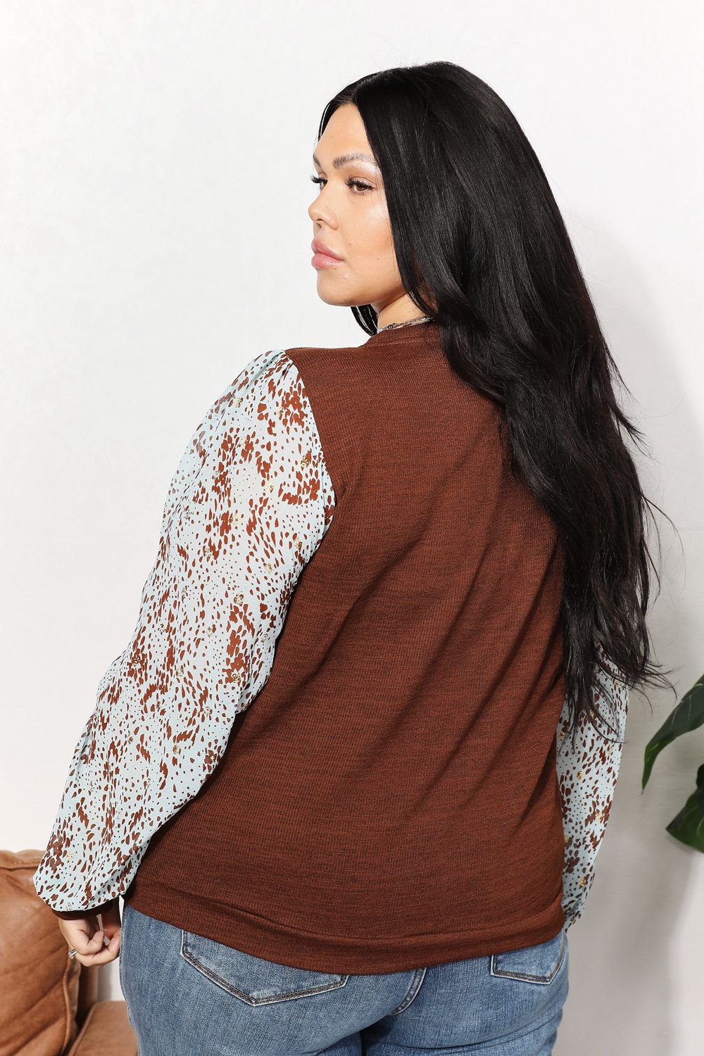 And The Why Full Size Foil Printed Sleeve Top - Top - Brown - Bella Bourget